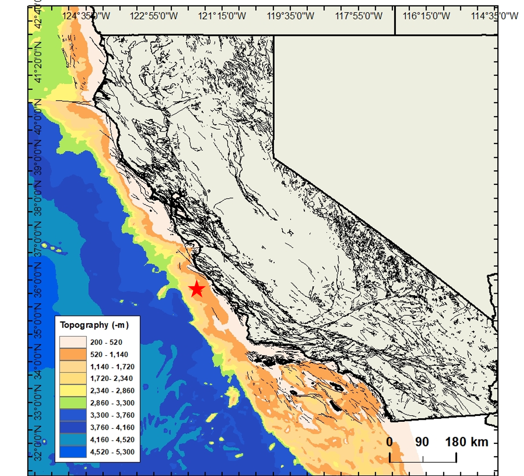 Location of the Lucia Chica Channel System offshore California (red star).